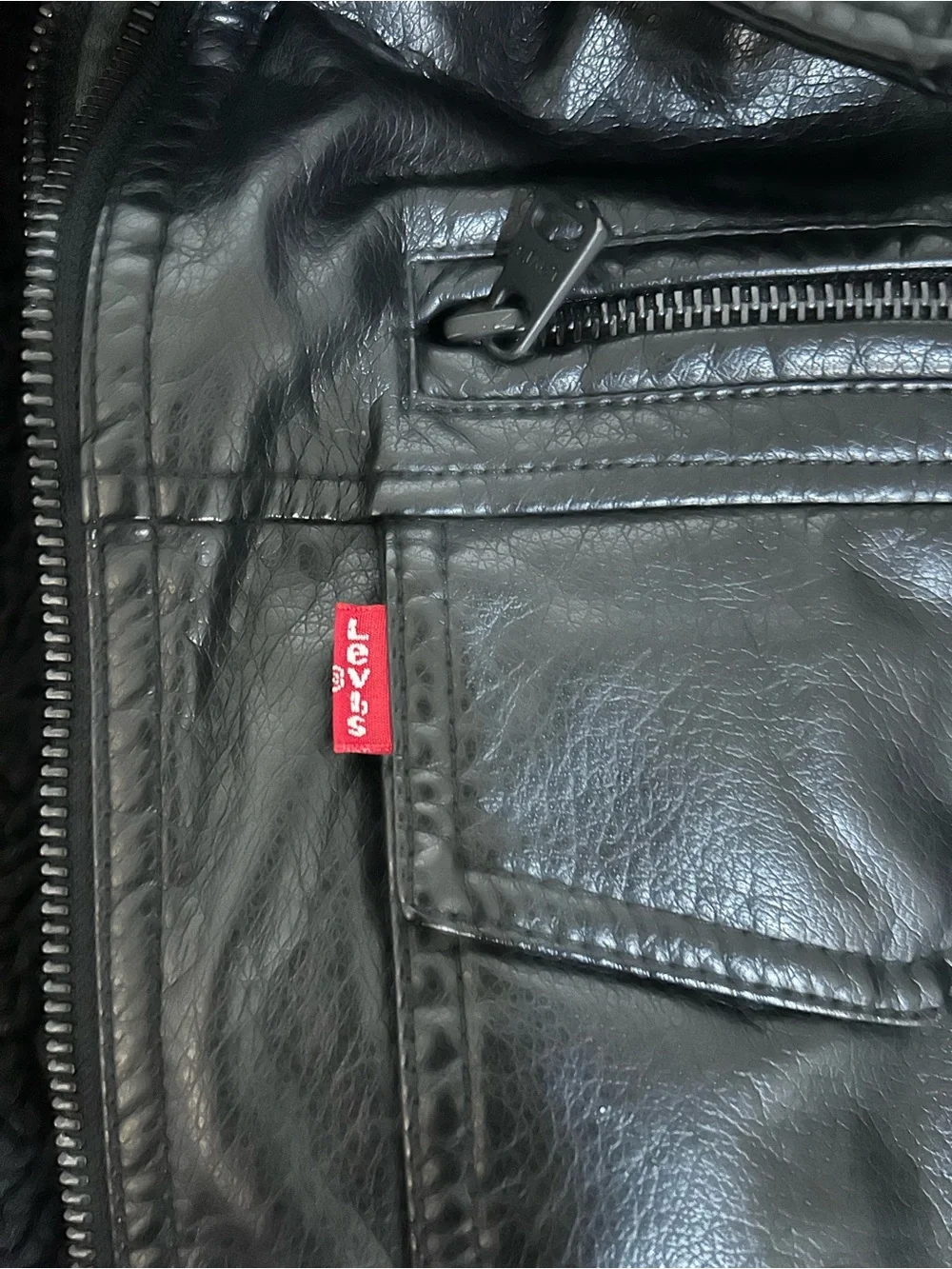 Levi's Black Faux-Leather Bomber Jacket with Gray Hood